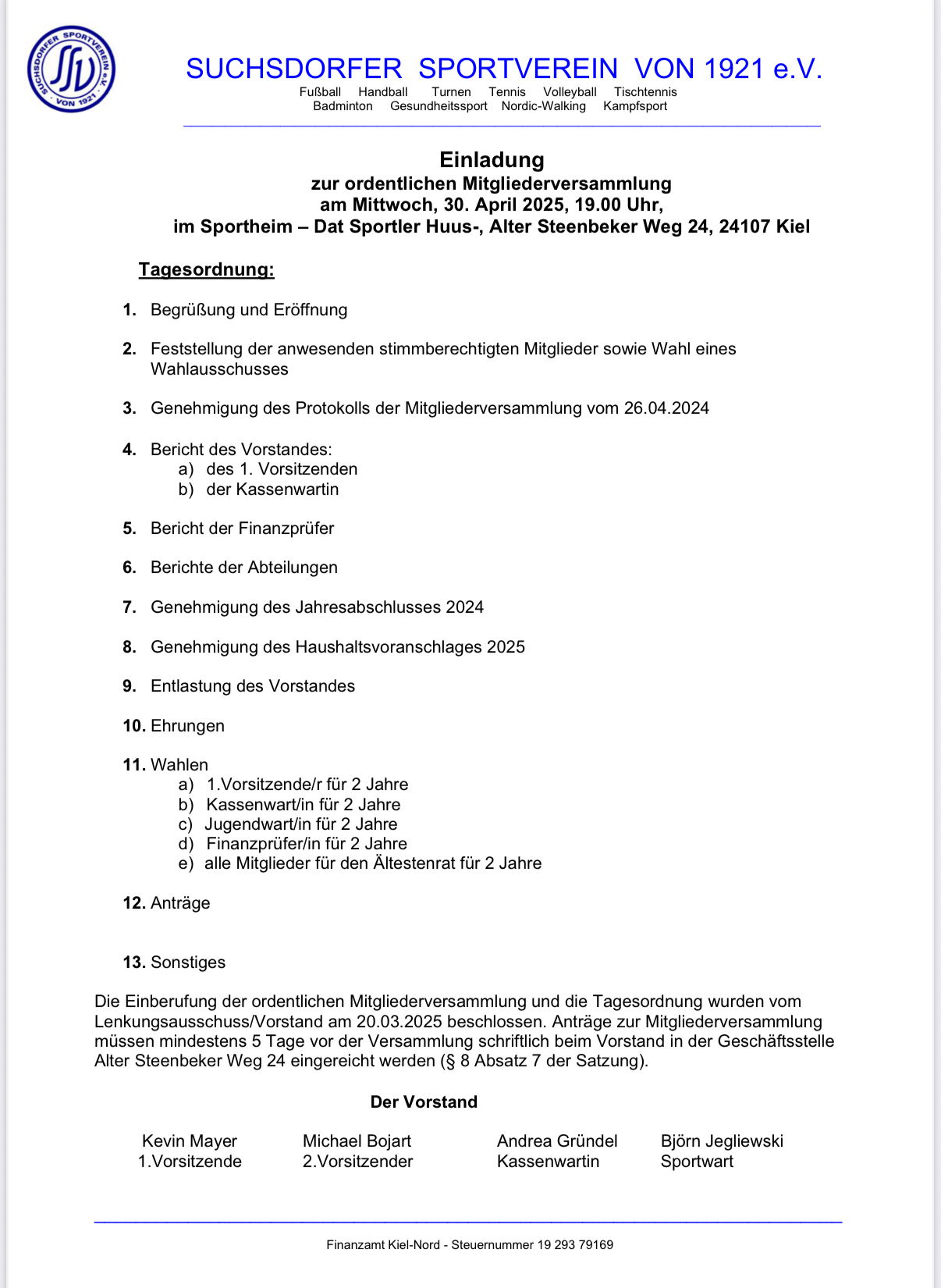 Einladung zur ordentlichen Mitgliederversammlung am Mittwoch, 30. April 2025, 19.00 Uhr